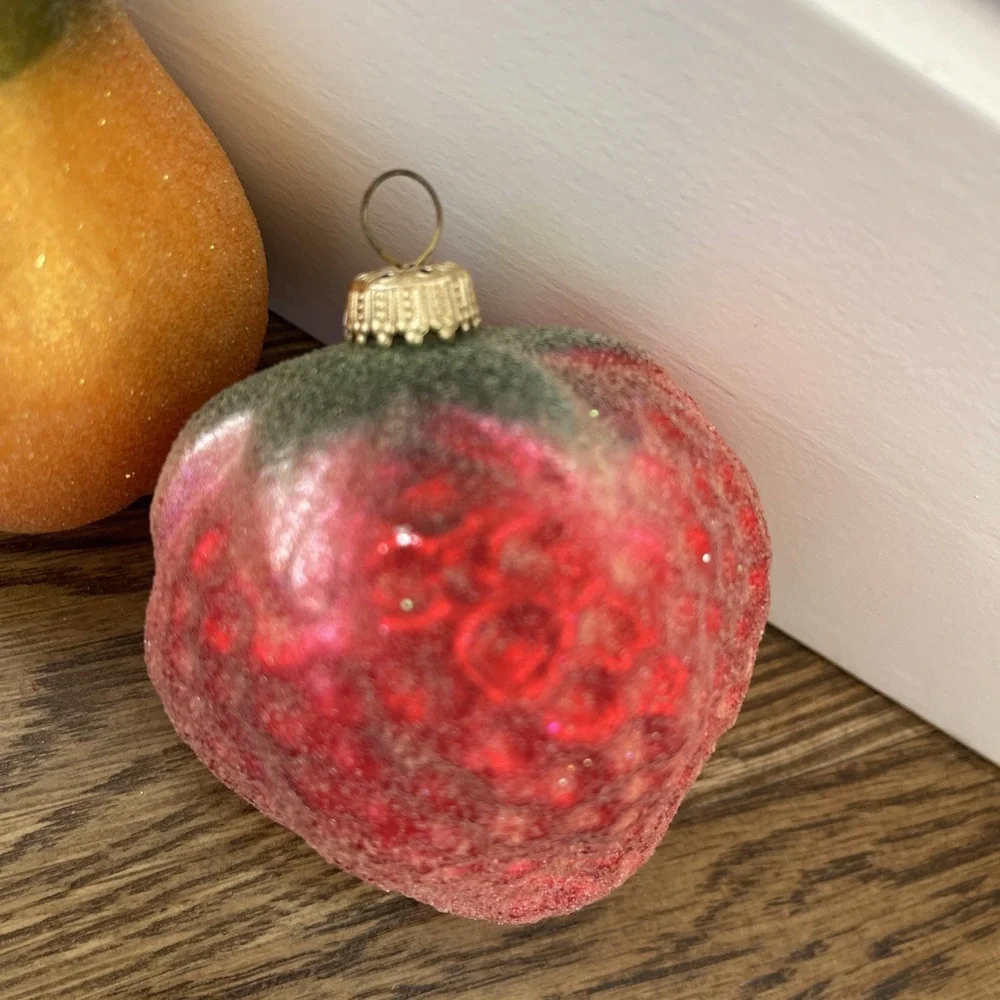 Krebs Blown Glass Christmas Ornament Sugared Pear Strawberry Germany Set